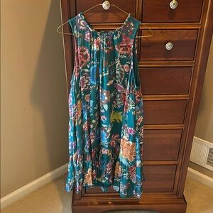 Anthropologie Teal and Pink Floral Dress, size large, sleeveless, 100% viscose